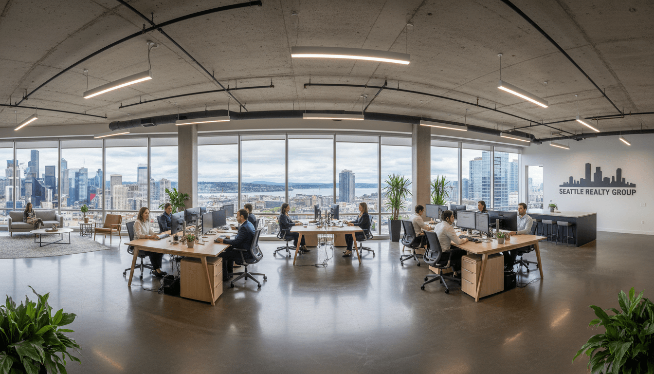 Modern real estate office in Seattle with natural light and professional workspace