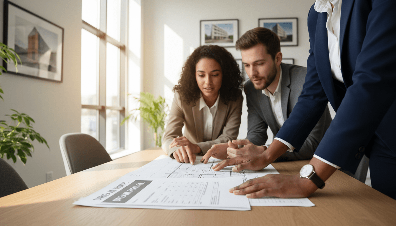 Real estate professional discussing property options with client in bright modern office