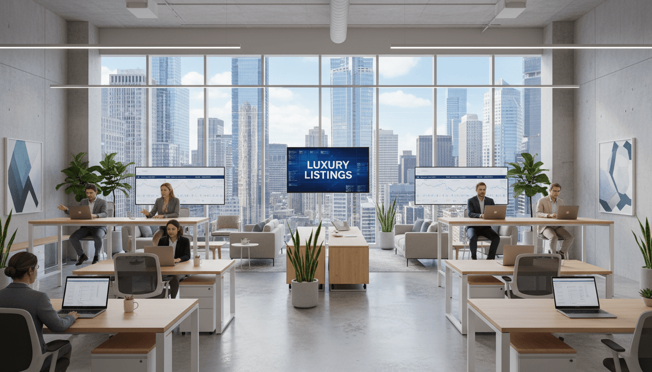 Seattle real estate broker at modern office desk with city view