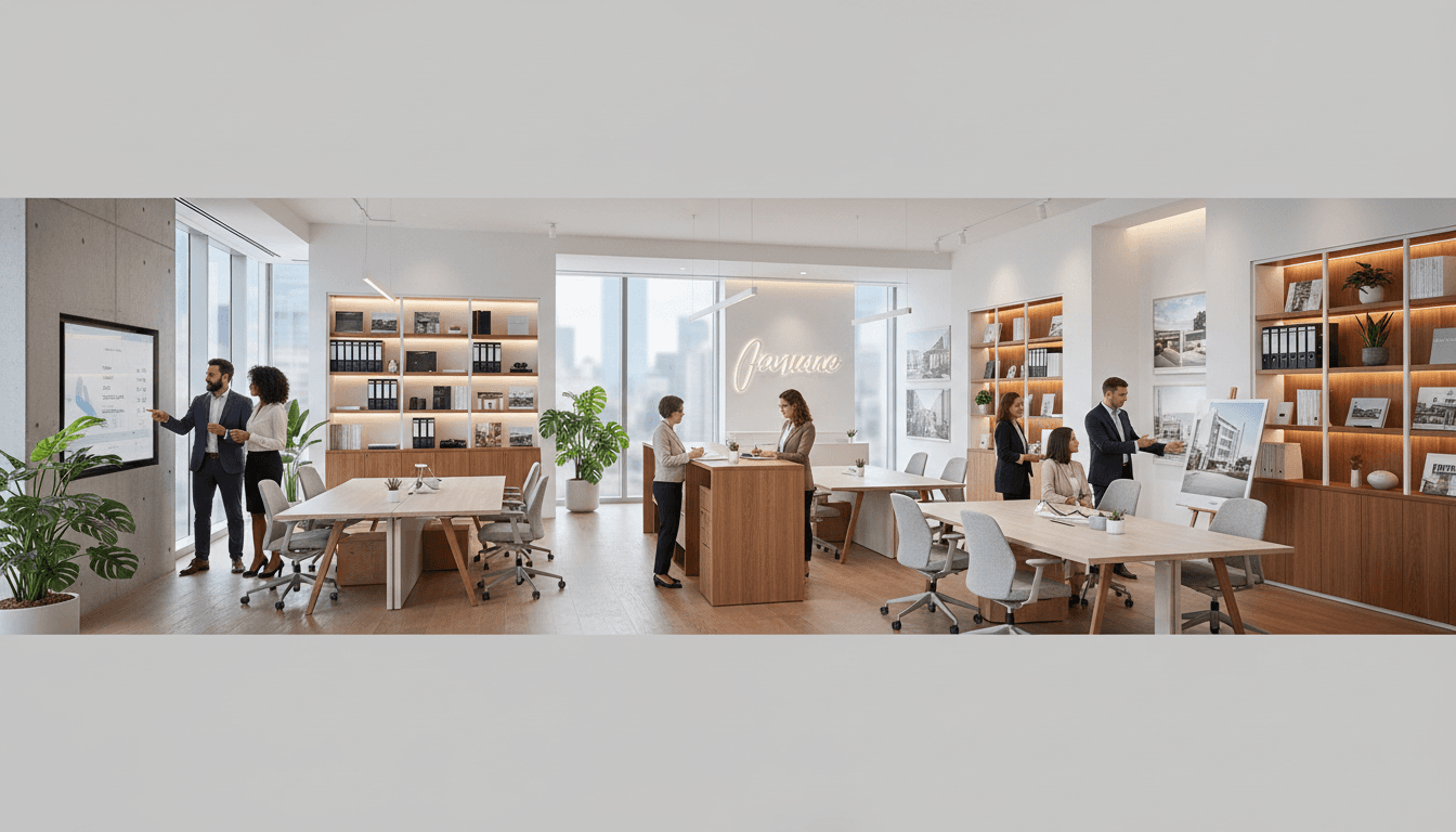 Real estate professional consulting with clients in a modern office setting